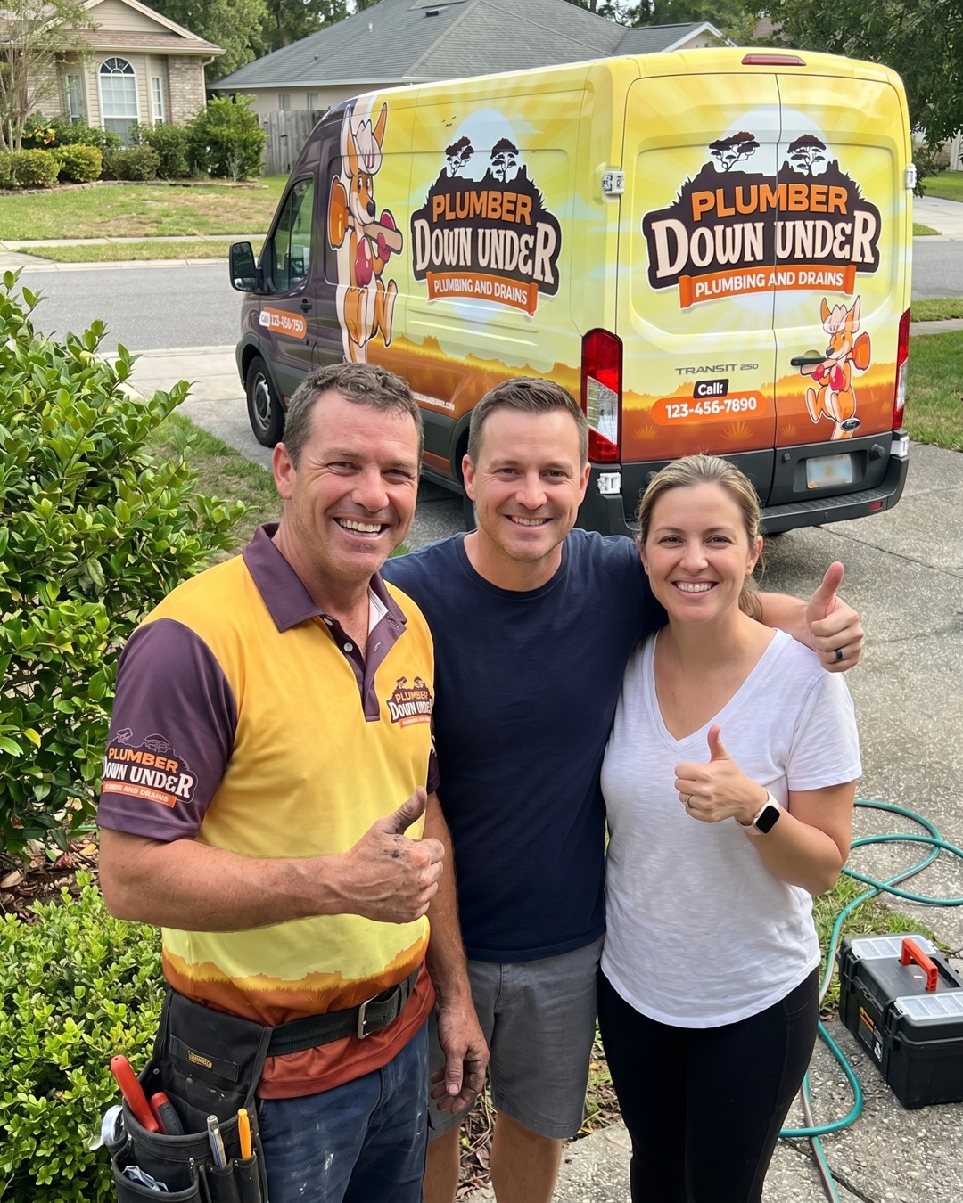 Smiling Austin homeowners thanking a Plumber Down Under technician beside the branded service van after a completed job