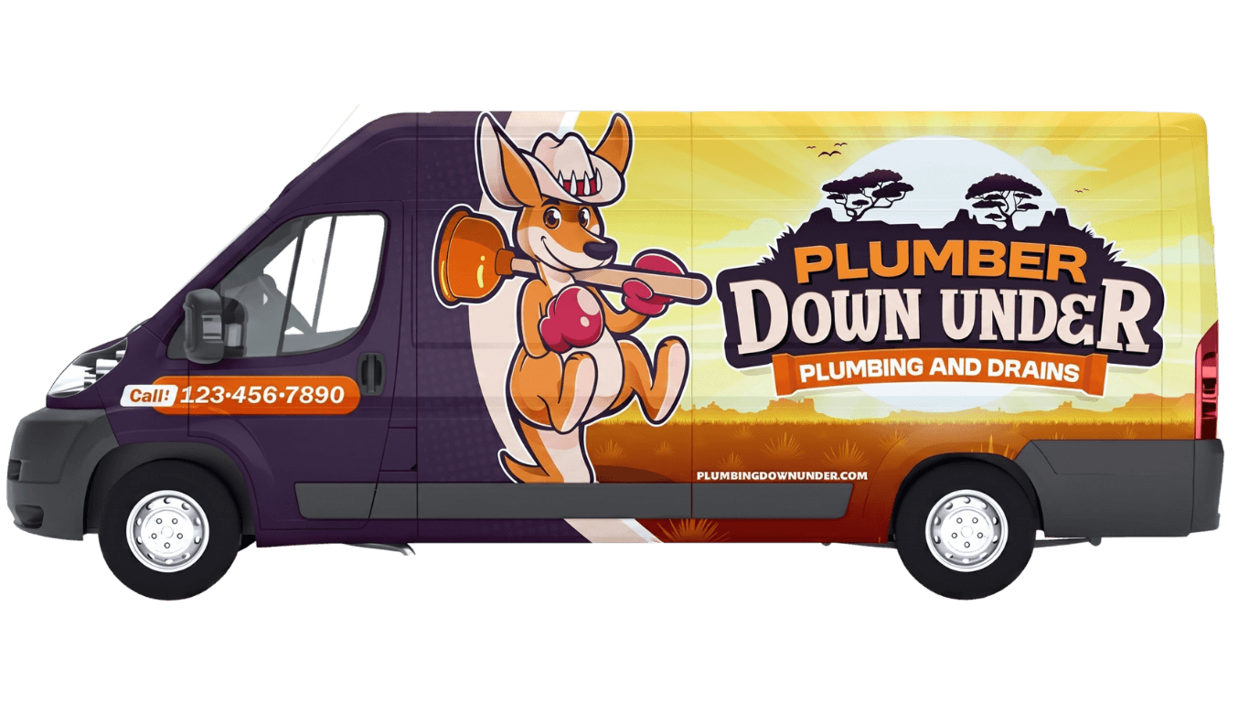 Plumber Down Under service van wrapped with our kangaroo mascot mid-leap with a plunger - on the road across the Austin metro every day